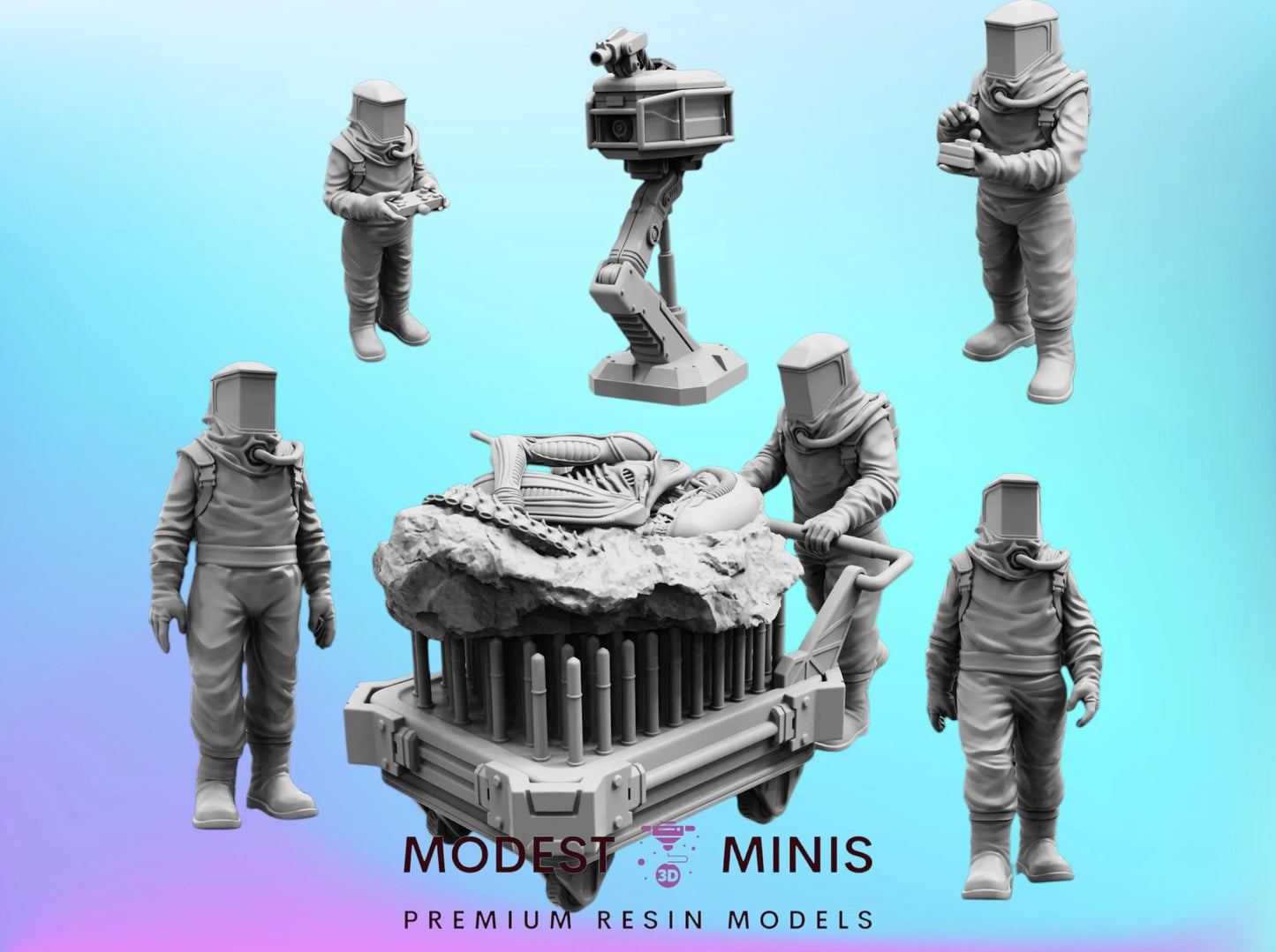 a collection of miniature figures and models, including people and various objects, arranged against a blue background.