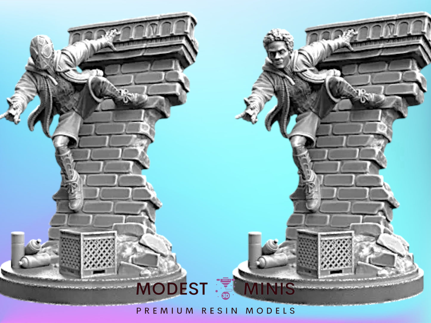 two sculptures of a person climbing a brick wall, with the sculptures appearing to be made of a material that resembles metal or stone.