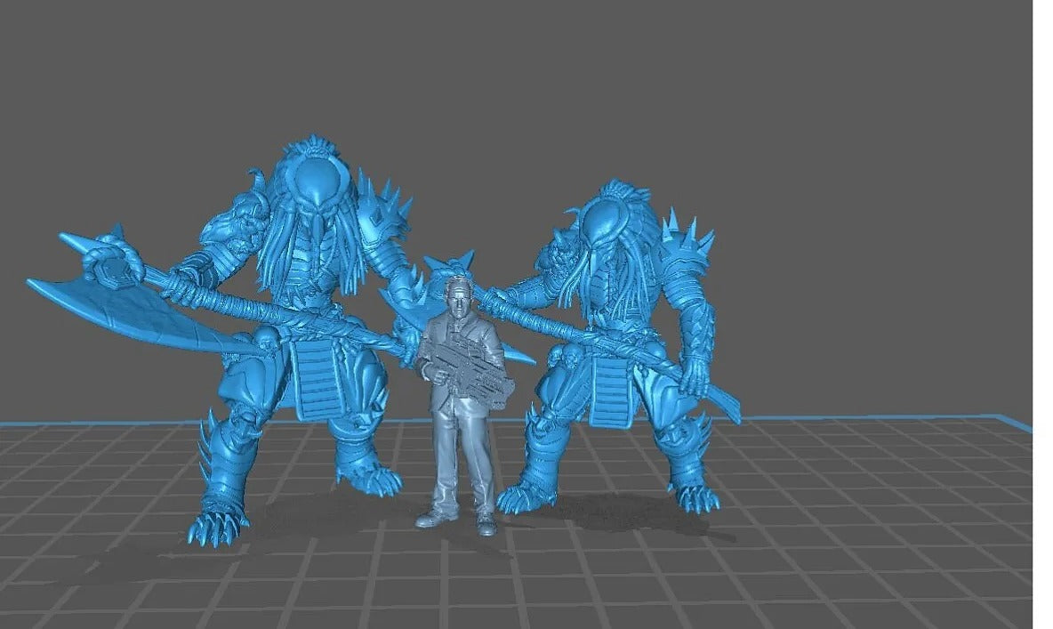 A 3D rendering of two blue humanoid creatures with sharp weapons, and a small human figure in the center.