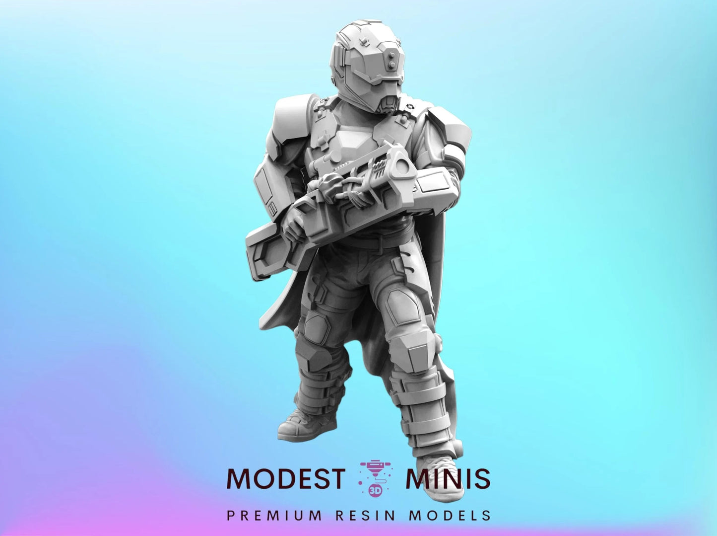 A 3D model of a futuristic-looking soldier in a fighting stance, wearing a helmet and holding a weapon.