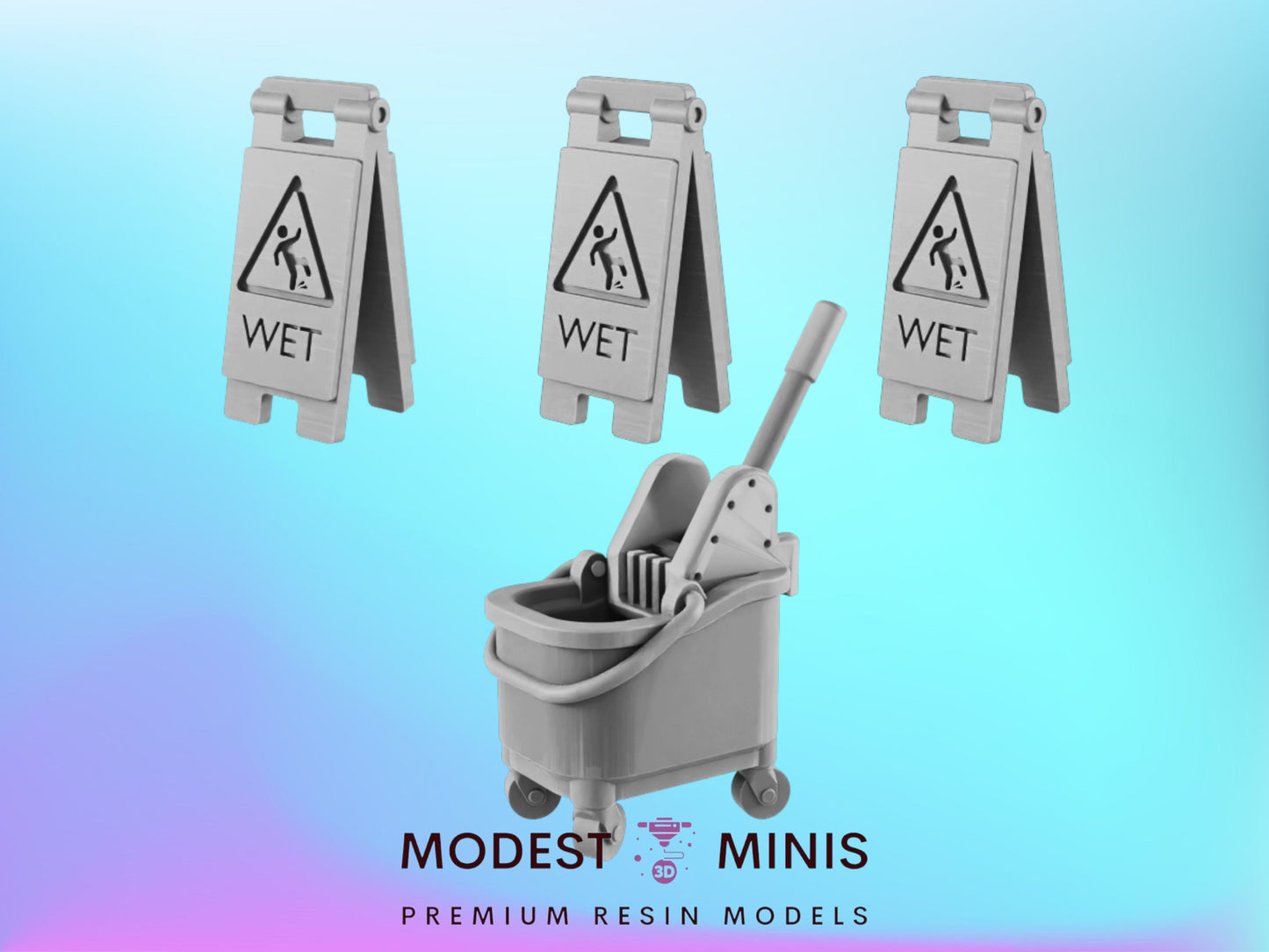 4pc Mop and Floor Sign Set | 28mm - 54mm Scale | Survivor Terrain | Fantasy Scatter | Sci Fi Terrain | EC3D Badlands