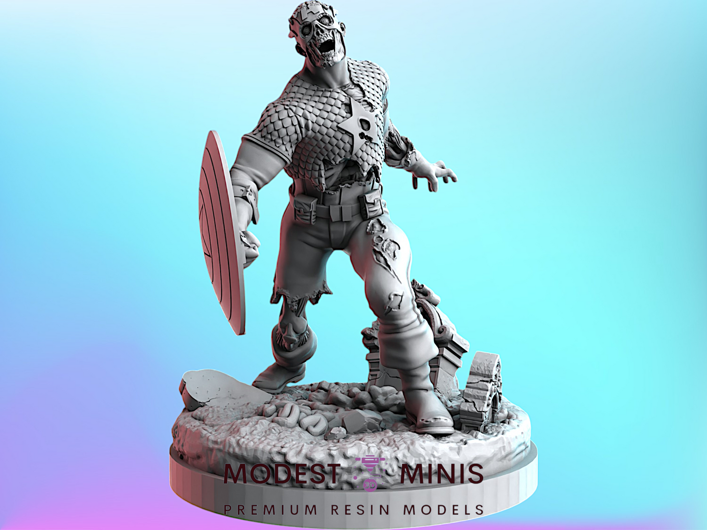 A 3D model of a character with a shield, standing on a base with the text "MODEST MINIS PREMIUM RESIN MODELS" below it.