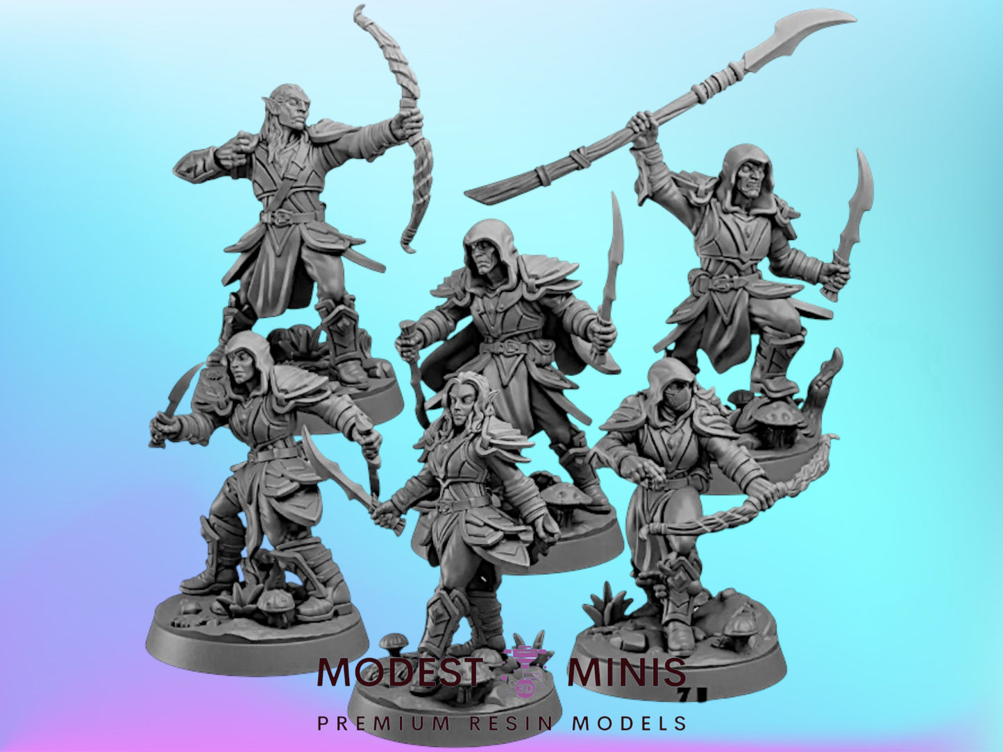 five detailed figurines of fantasy characters, each holding various weapons and standing on platforms. The figurines are arranged in a row, showcasing the different poses and stances of the characters.