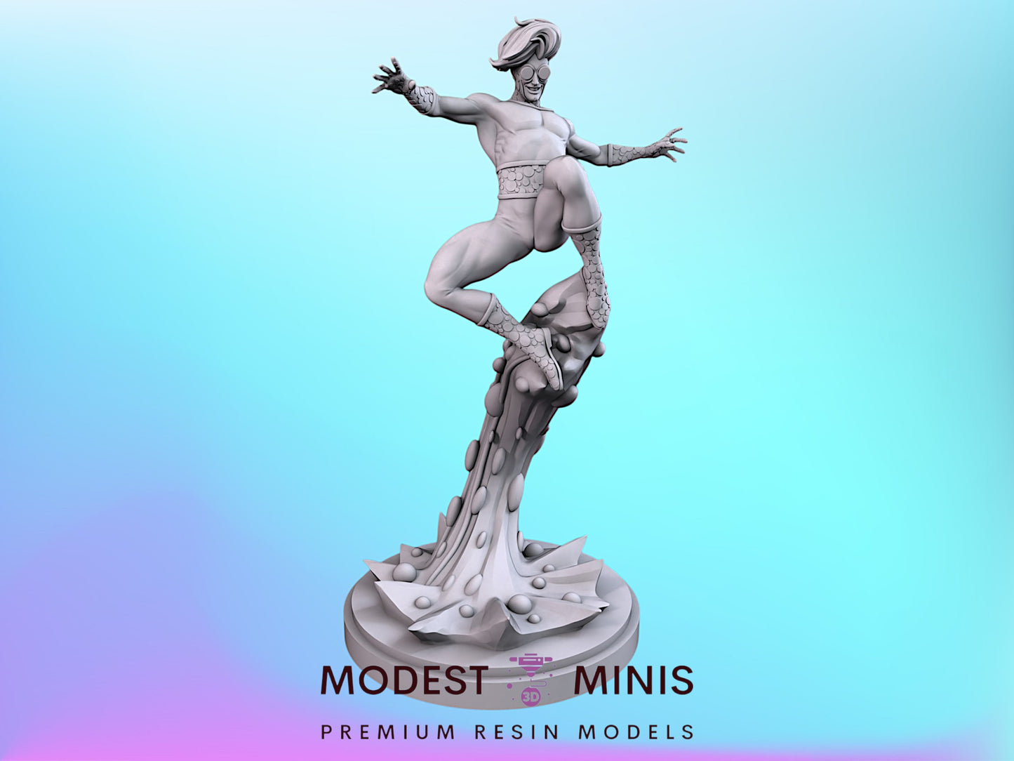 a statue of a muscular, winged figure with outstretched arms, standing on a pedestal.