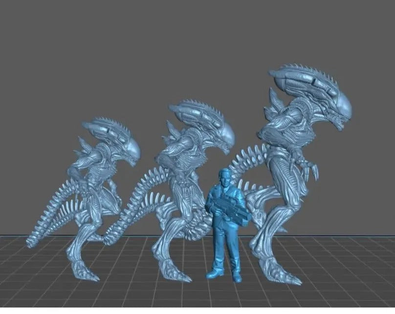 A 3D model of a group of alien creatures and a human figure in a 3D environment.