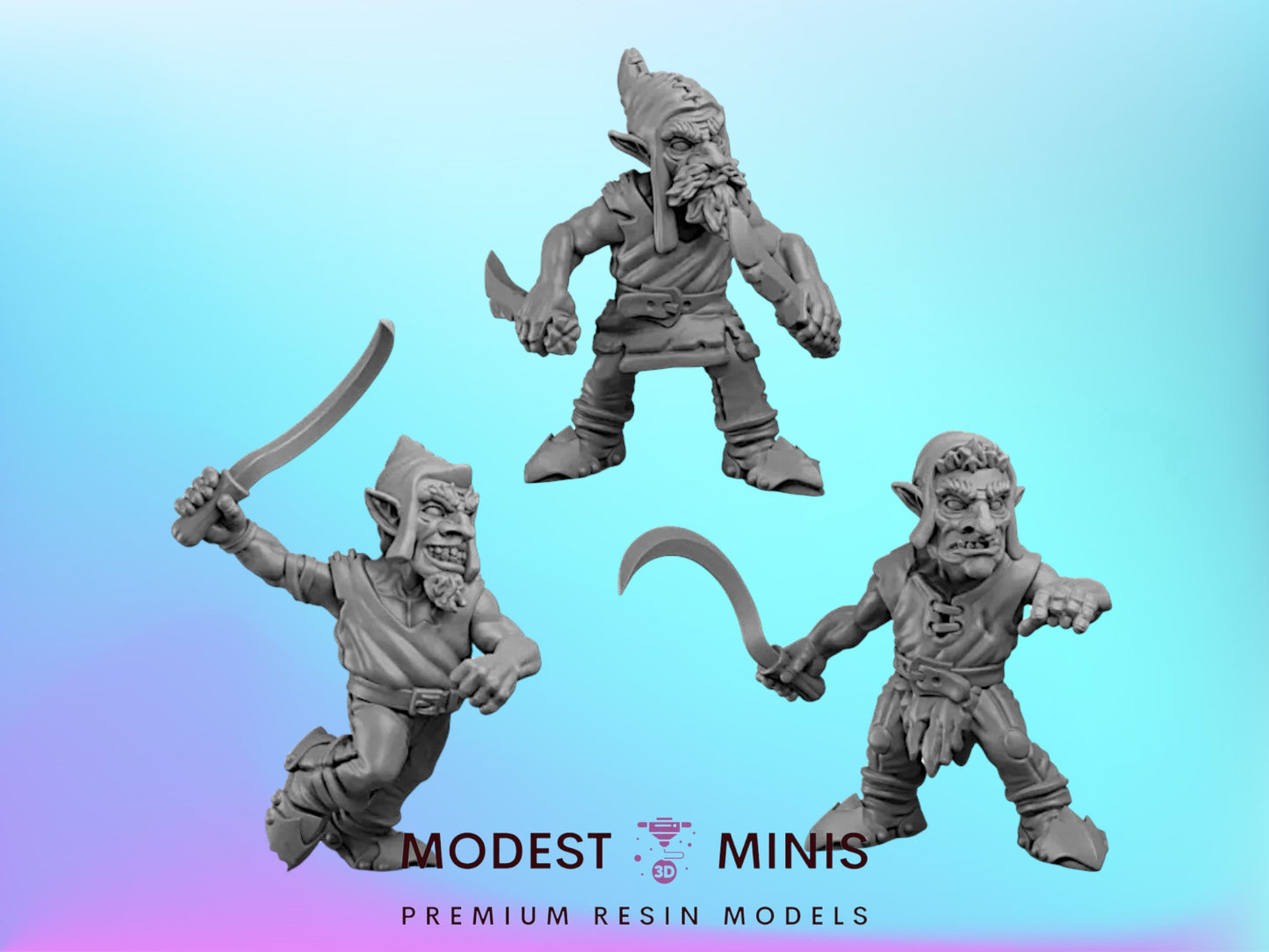 three miniature figures of gnomes, each holding a weapon and standing in different poses.
