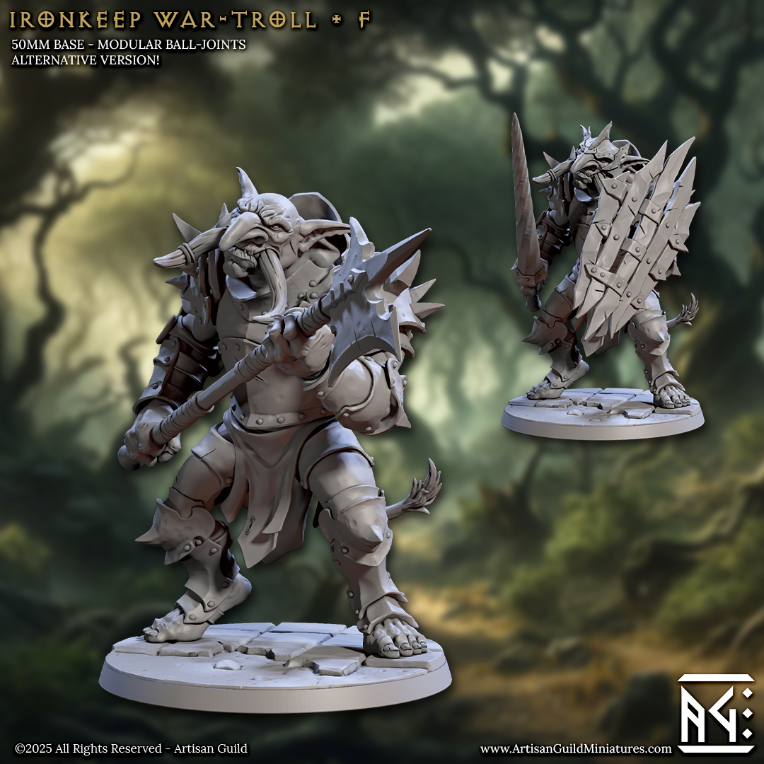 two detailed models of Ironkeepers, a type of armored creature from the Ironkeepers series. The models are shown in a dynamic pose, with one holding a spear and the other wielding a sword. The background is a blurred, natural landscape, which contrasts with the intricate details of the models. The image does not contain any text, and the models are the main focus, with no additional descriptions or context provided.