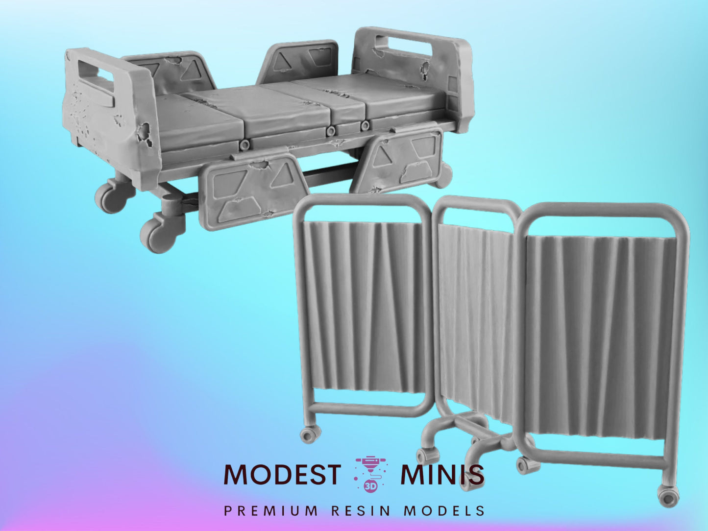 Hospital Bed and Privacy Screen | 28mm - 54mm Scale | Survivor Terrain | Medical Scatter | Sci Fi Terrain | EC3D Badlands