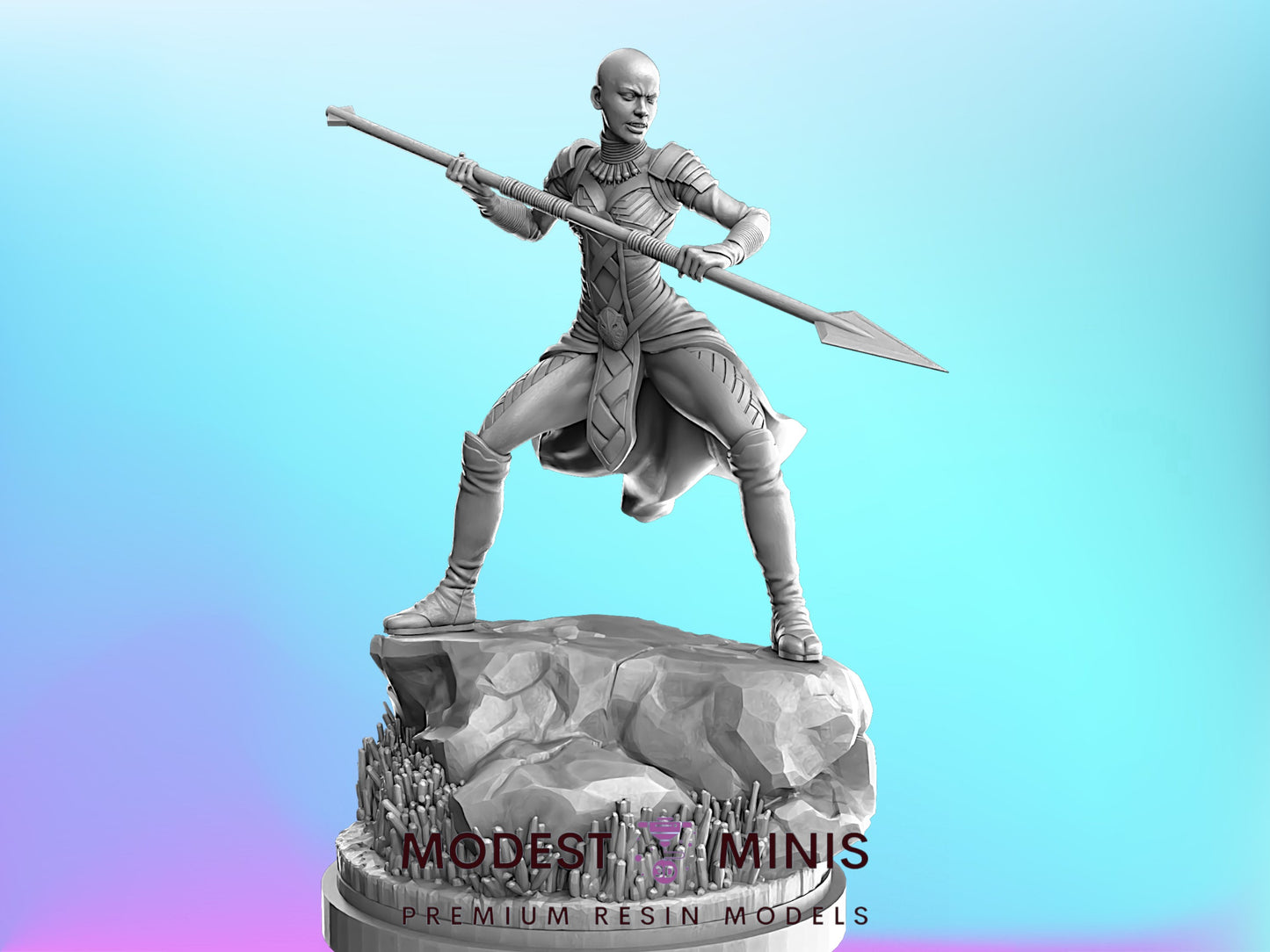 A 3D model of a female warrior figure holding a spear, standing on a rock formation against a blue background.