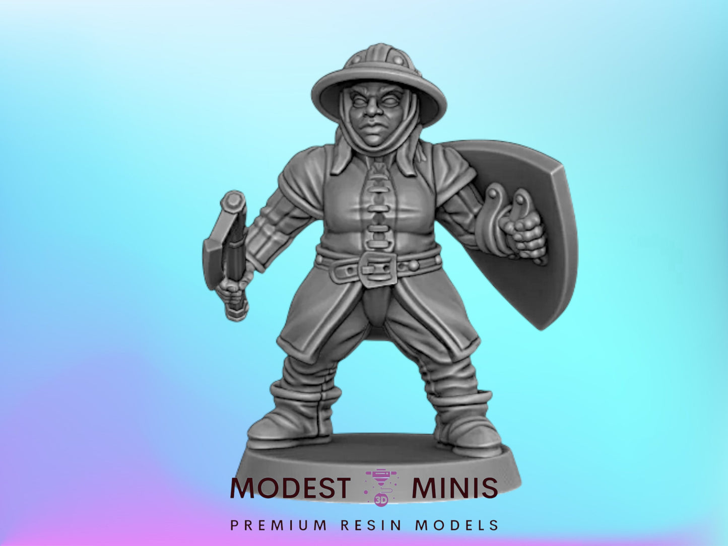 A figurine of a dwarf character holding a shield and sword, standing against a blue background.