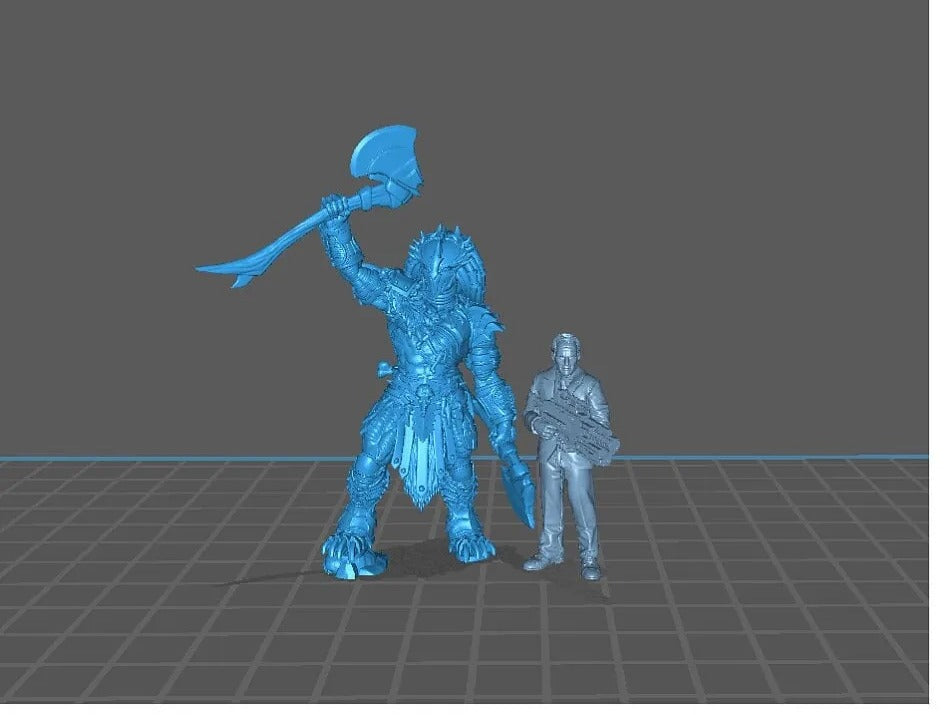 A 3D model of a blue warrior figure with a large weapon, standing next to a smaller figure holding a gun.