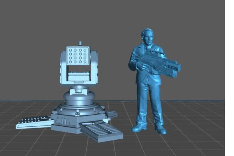 A 3D model of a person holding a large gun, standing next to a large machine or device with a grid-like pattern on it.