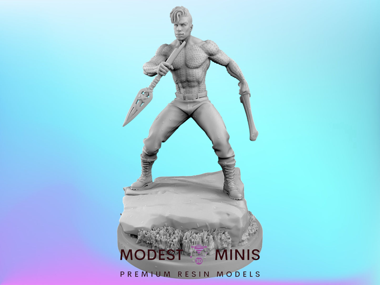 A statue of a muscular man holding a weapon, standing on a rock.