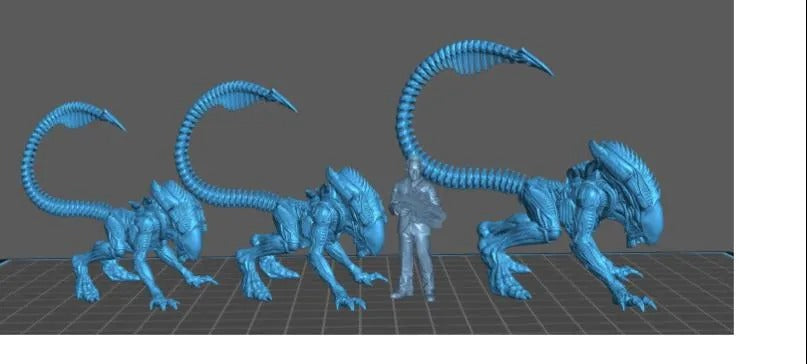 A 3D rendering of a group of blue alien creatures with long tails, standing next to a person.