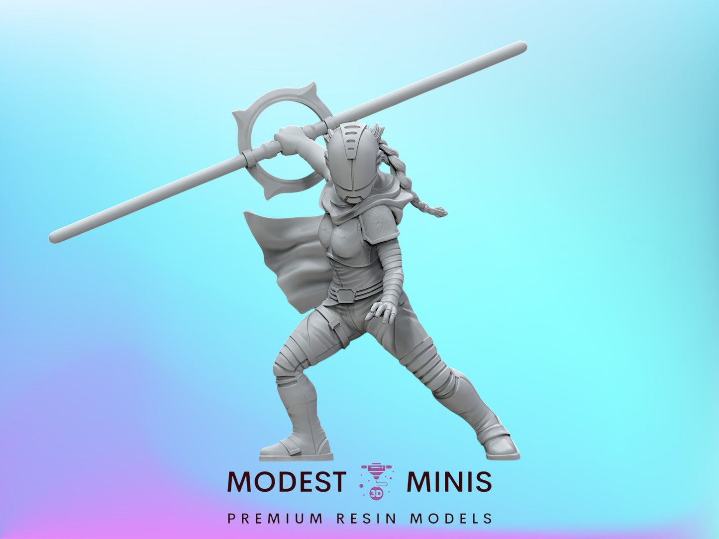 A 3D model of a female character holding a weapon, standing in a fighting stance against a blue background.