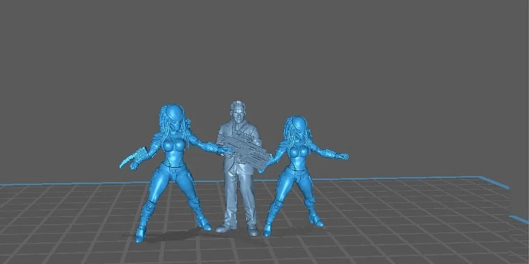 three blue figures, two women and one man, standing together in a room with a grid-like floor.