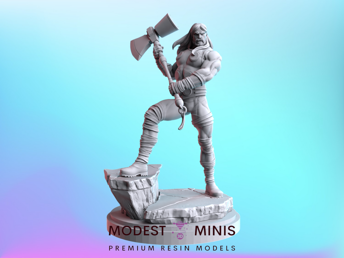 A 3D model of a muscular, bearded man holding a large weapon, standing on a rock formation.