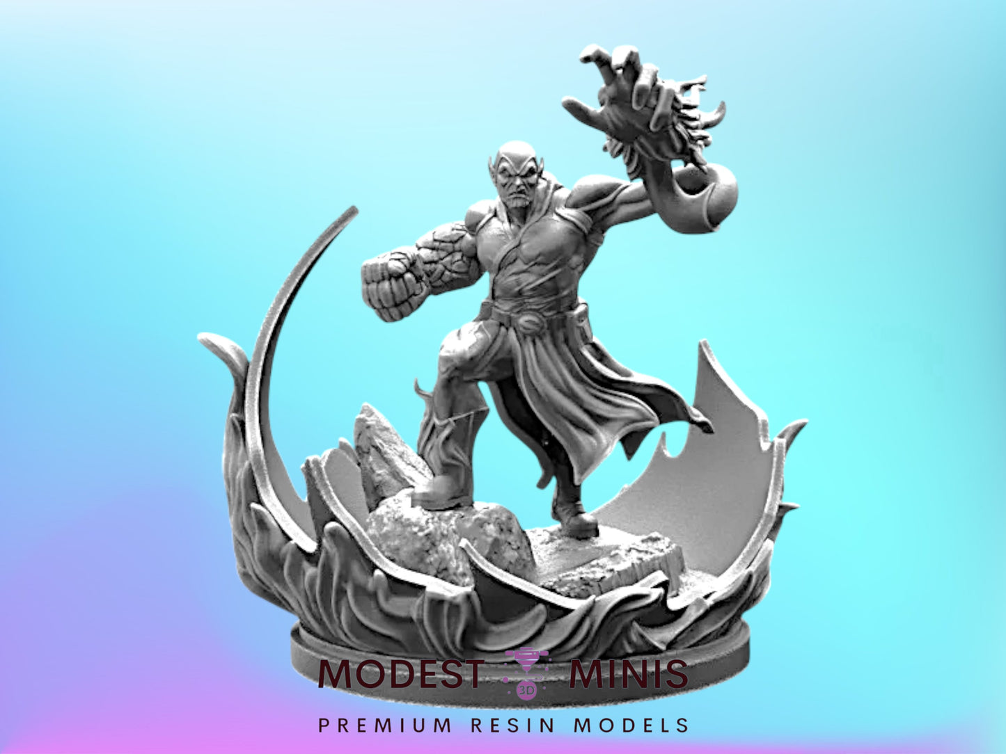 A detailed 3D model of a muscular, battle-ready figure wielding a weapon, set against a blue and purple gradient background.
