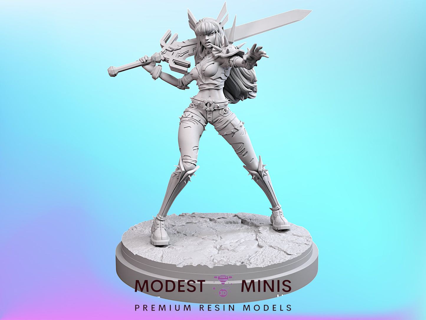 A 3D model of a female character with a sword, standing on a pedestal and holding a shield. The image is described as a "MODEST MINIS PREMIUM RESIN MODELS" and is set against a blue background.