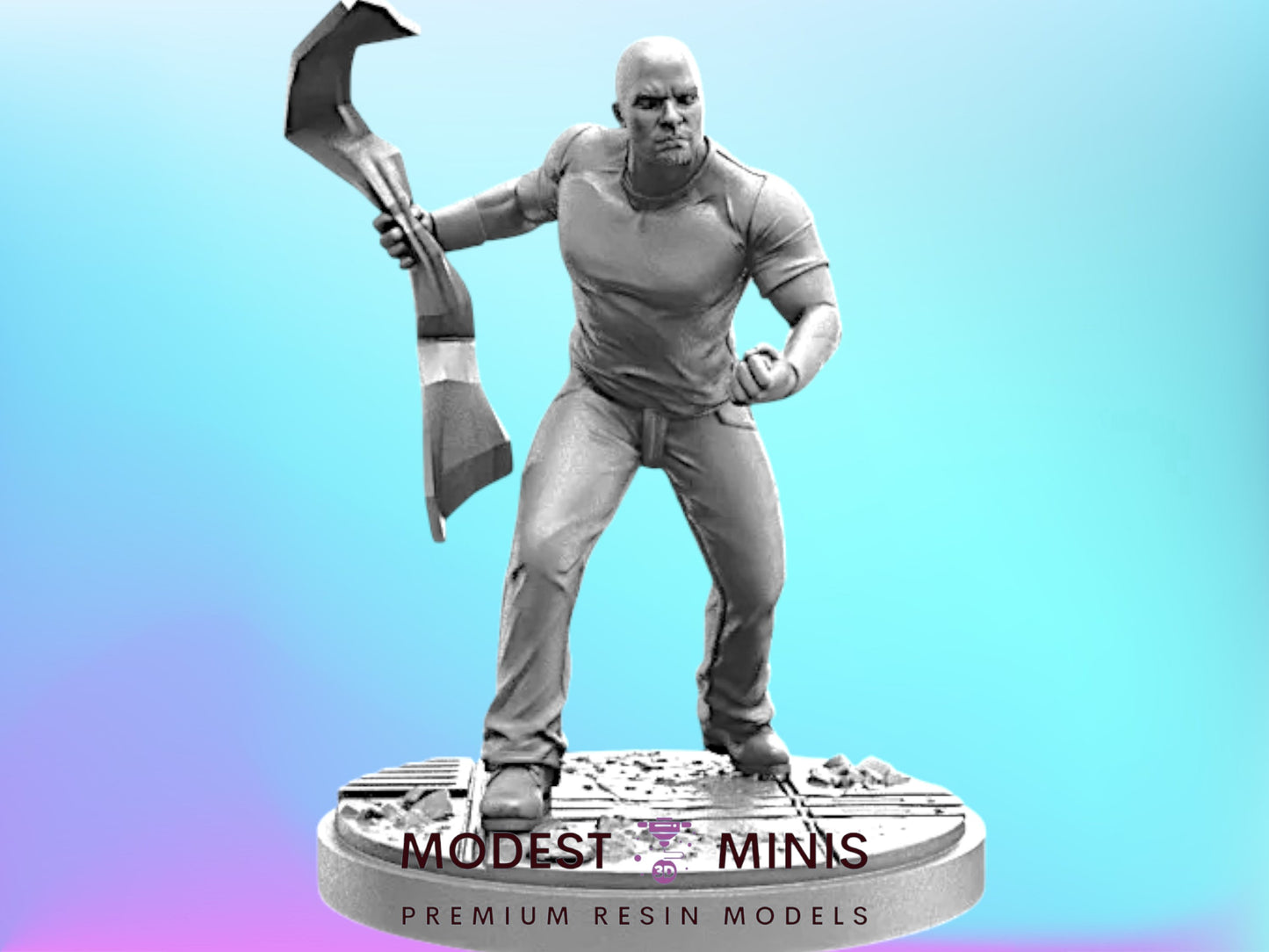 A statue of a muscular man holding a large object, possibly a weapon, and standing on a platform.