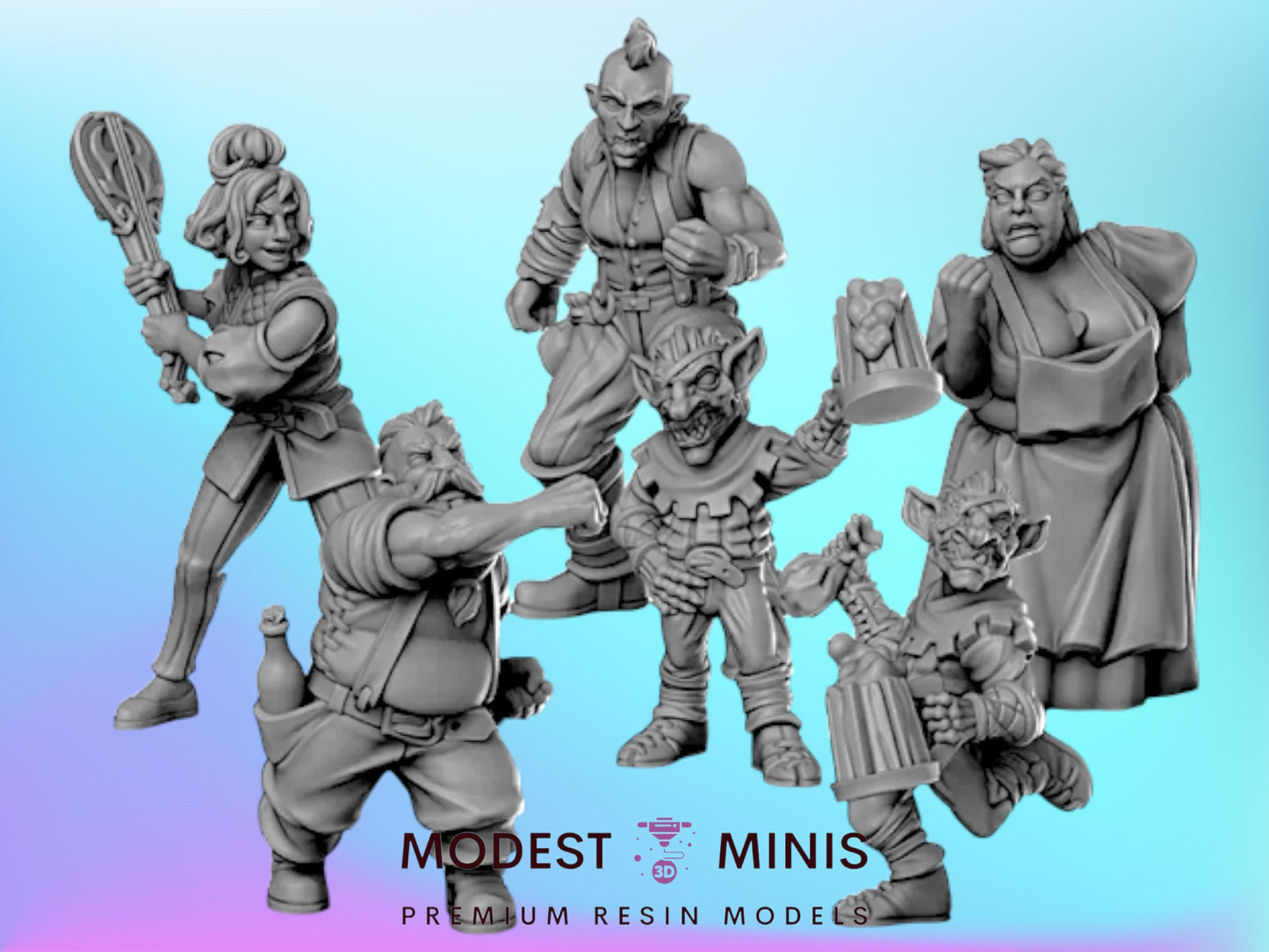 six figurines of fantasy characters, including a woman, a man, a woman, a man, a woman, and a man, all posed together against a blue background.