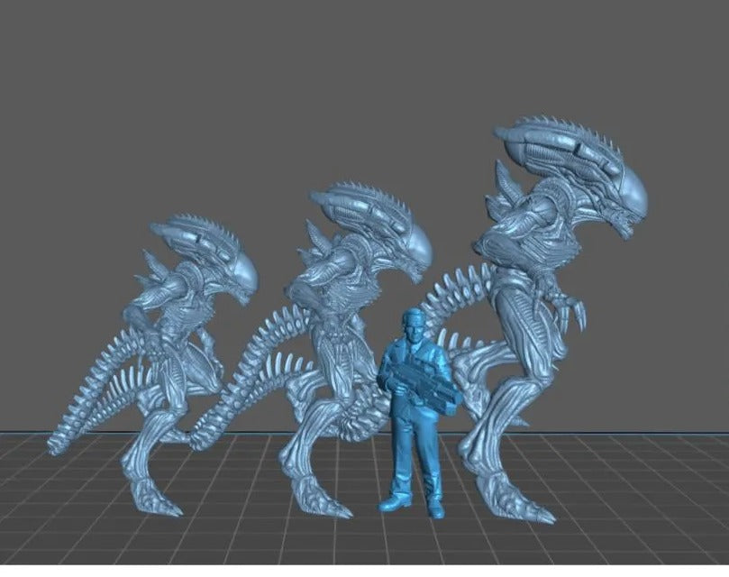 A 3D rendering of a group of alien creatures and a human figure in a 3D environment.