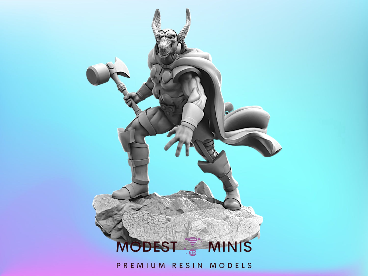 A 3D model of a muscular, armored figure wielding a hammer, standing on a rock formation against a blue background.
