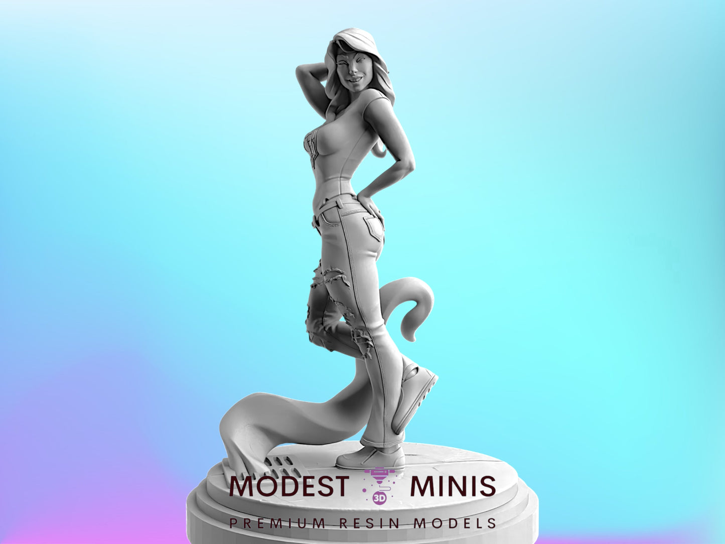 A 3D model of a woman in a pose, standing on a pedestal with the text "MODEST MINIS PREMIUM RESIN MODELS" displayed below her.