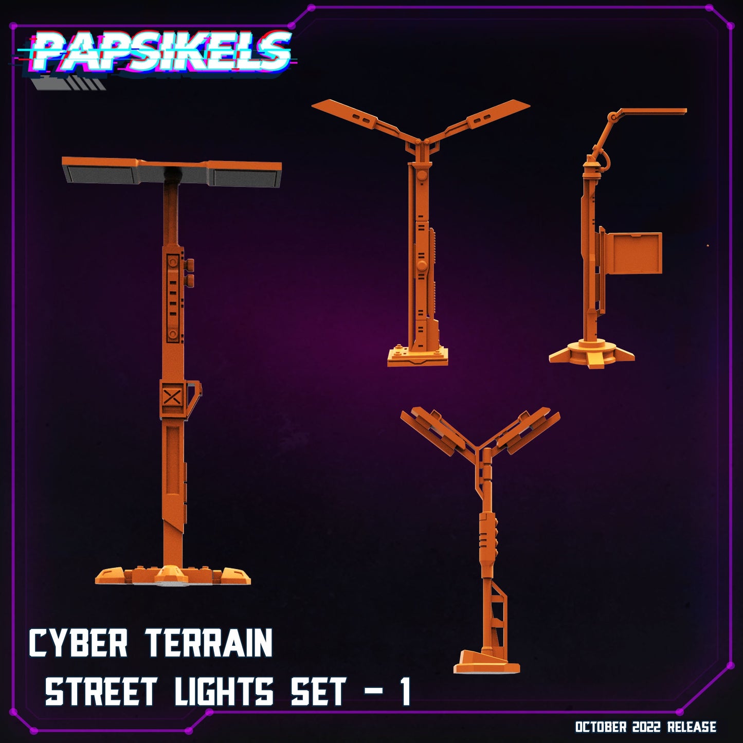 4pc Street Light Set Cyberpunk | 28mm - 54mm Scale | Survivor Terrain | Fantasy Scatter | Sci Fi Terrain | Superhero | Papsikels