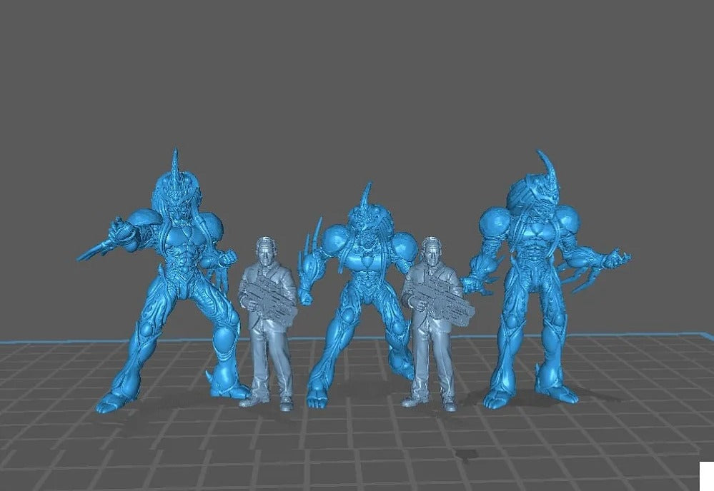A group of blue, futuristic-looking creatures with sharp weapons, standing in a formation.