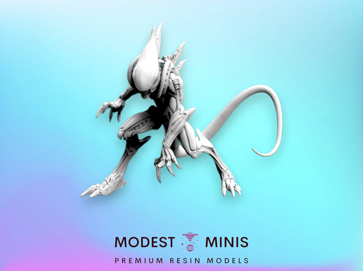 A white, robotic-looking creature with sharp claws and a long tail is shown against a blue background.
