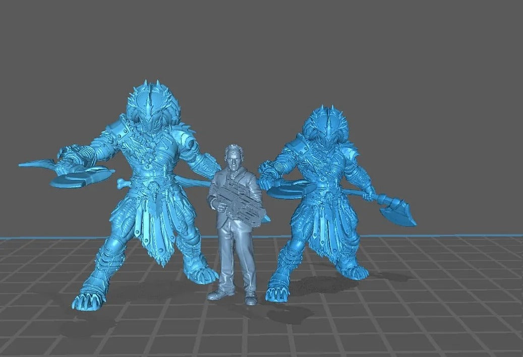 a 3D rendering of two blue-colored, armored figures with weapons, standing next to a smaller figure.