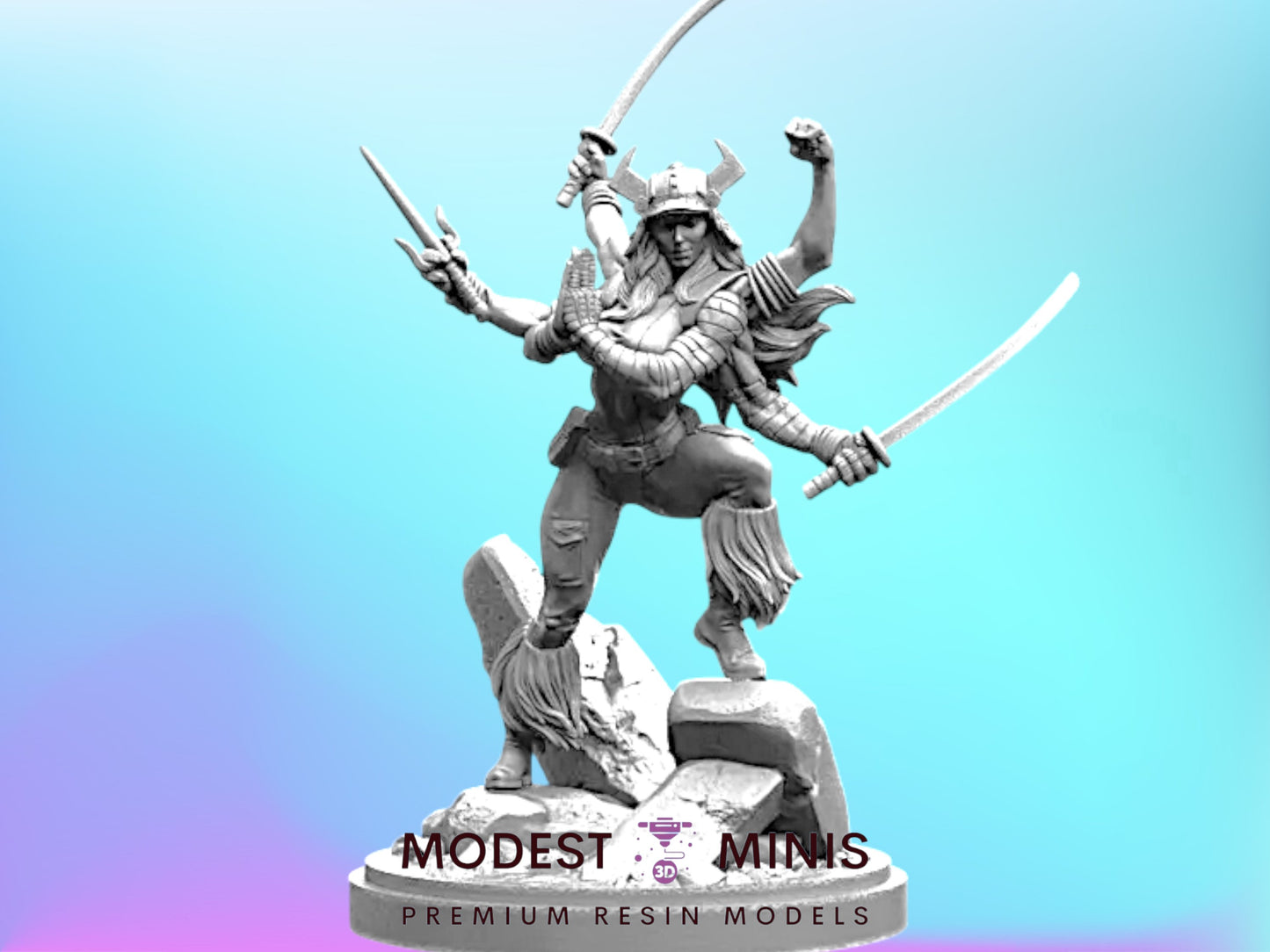 A statue of a warrior figure with multiple arms, holding weapons, standing on a rock formation against a blue background.