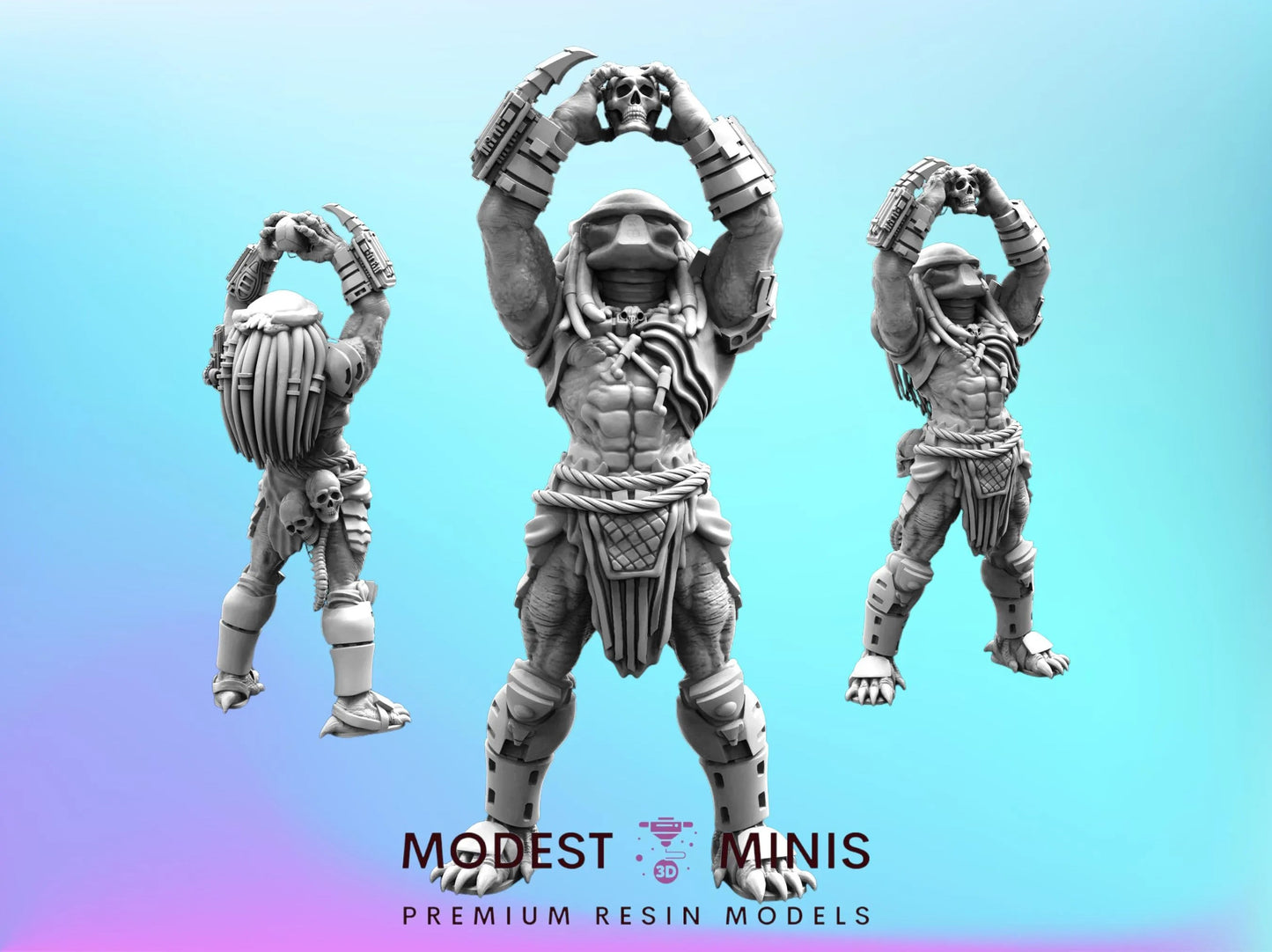 three models of Minis, a type of fantasy character, against a blue background.
