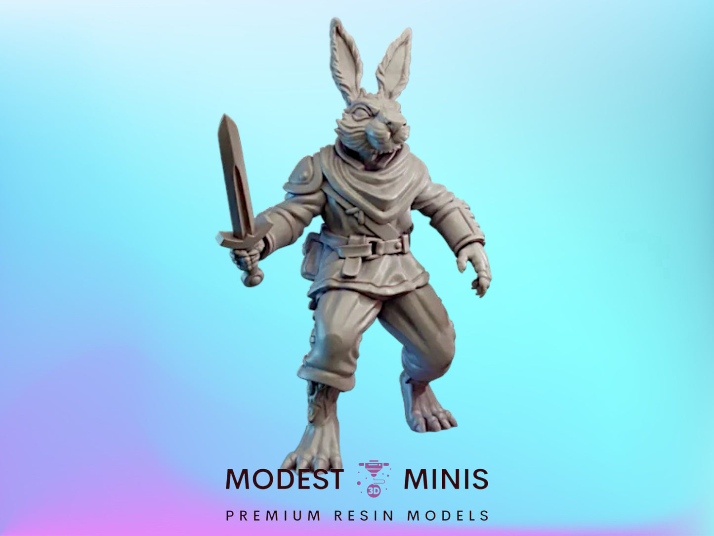 A statue of a rabbit-like creature holding a sword, with the text "MODEST MINIS PREMIUM RESIN MODELS" below it.