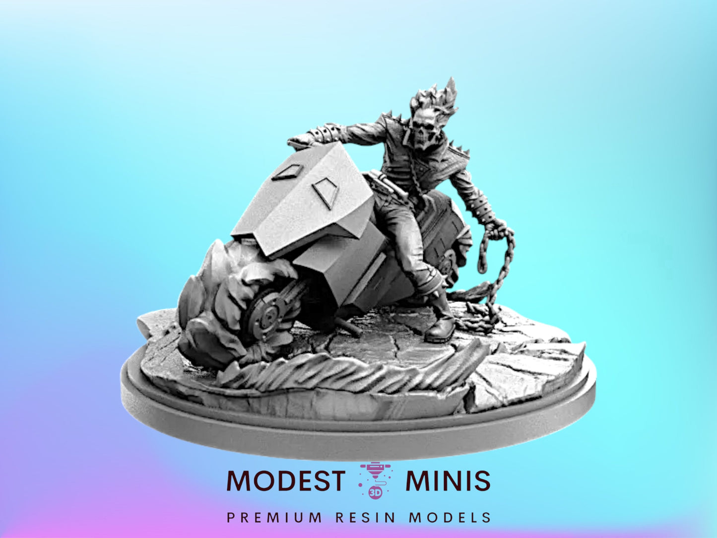 A 3D model of a motorcycle rider on a rocky terrain, with a skull-like helmet and a chain around their neck.