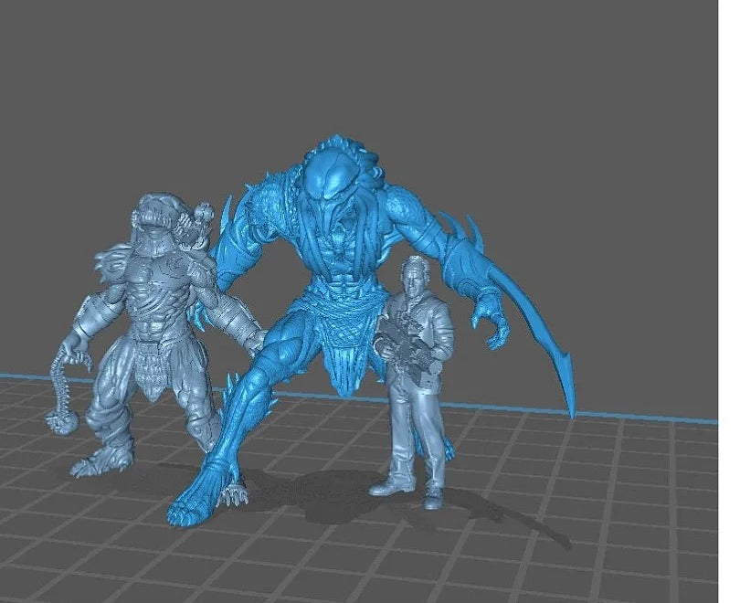 A 3D rendering of a blue humanoid character with a large claw-like weapon, accompanied by two smaller figures.