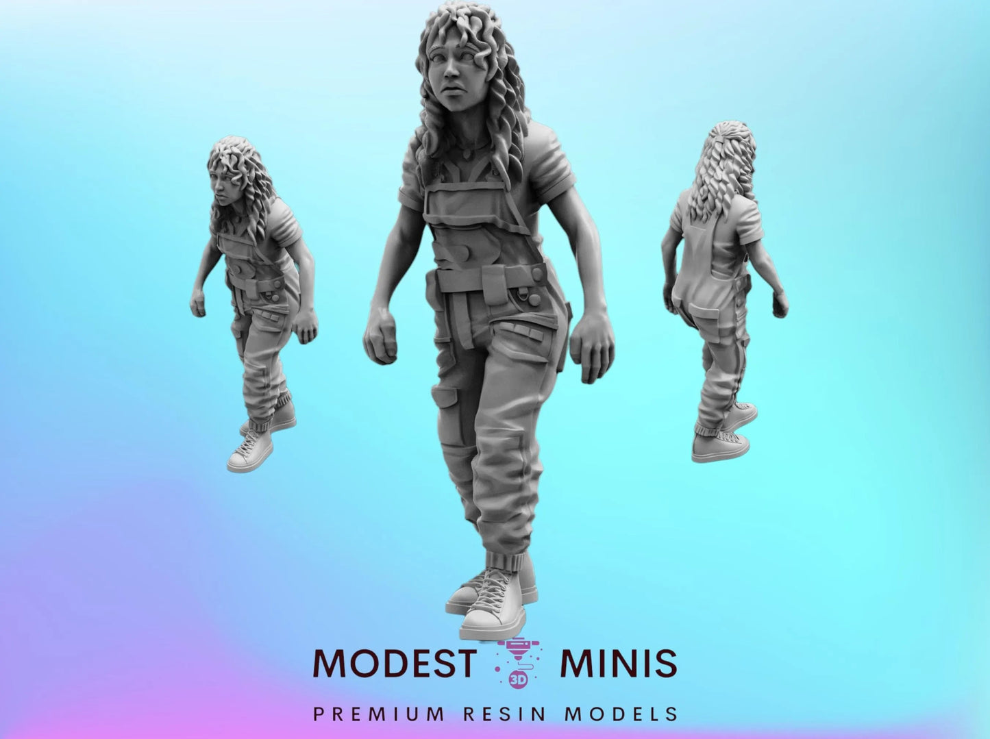 three models of a female character, each in a different pose, against a blue background.