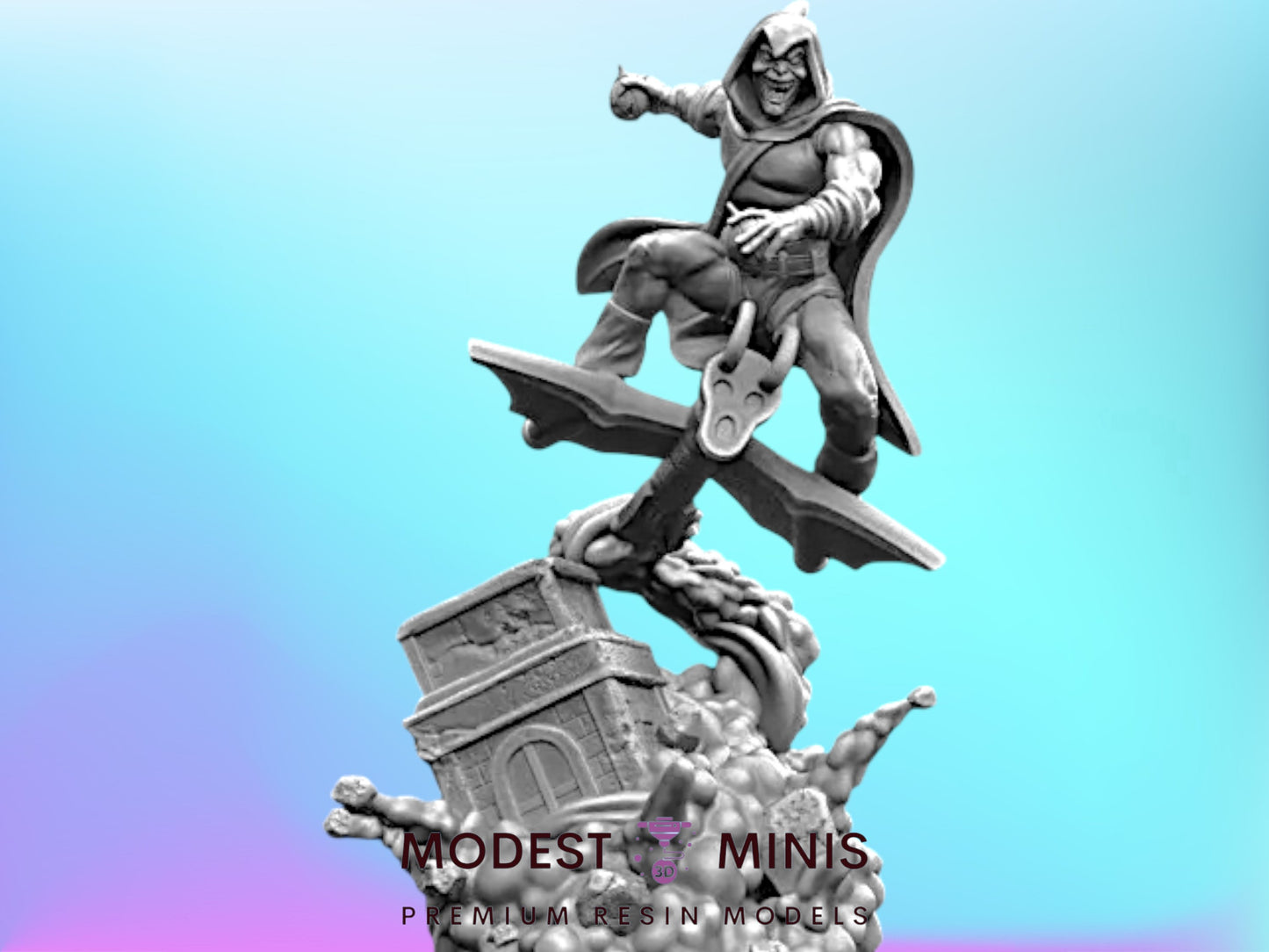 A statue of a superhero or villain in a dynamic pose, with a cape and a weapon, against a blue background.