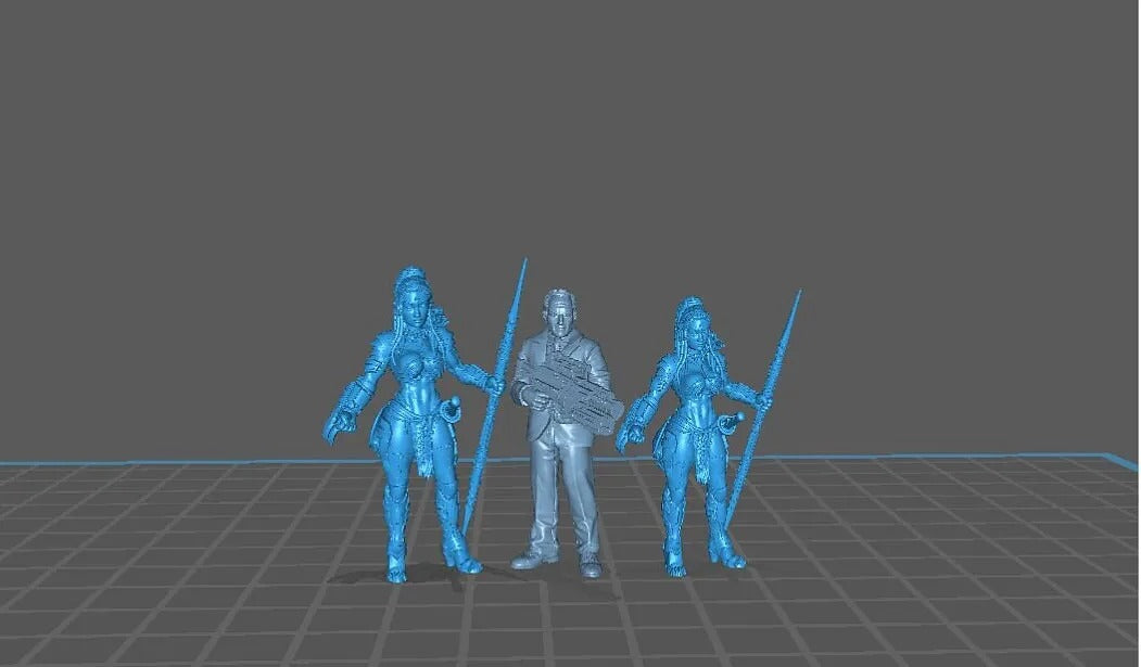 three blue figures standing in a row, with one figure holding a gun.