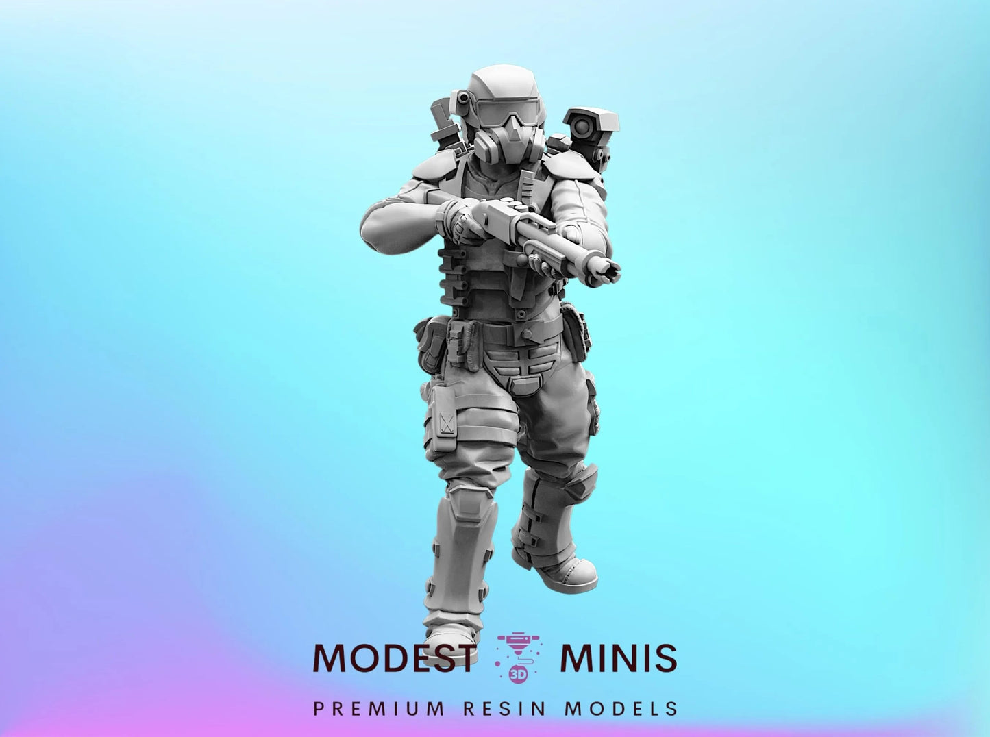 A 3D model of a futuristic soldier in a white suit, helmet, and carrying a weapon, set against a blue gradient background.