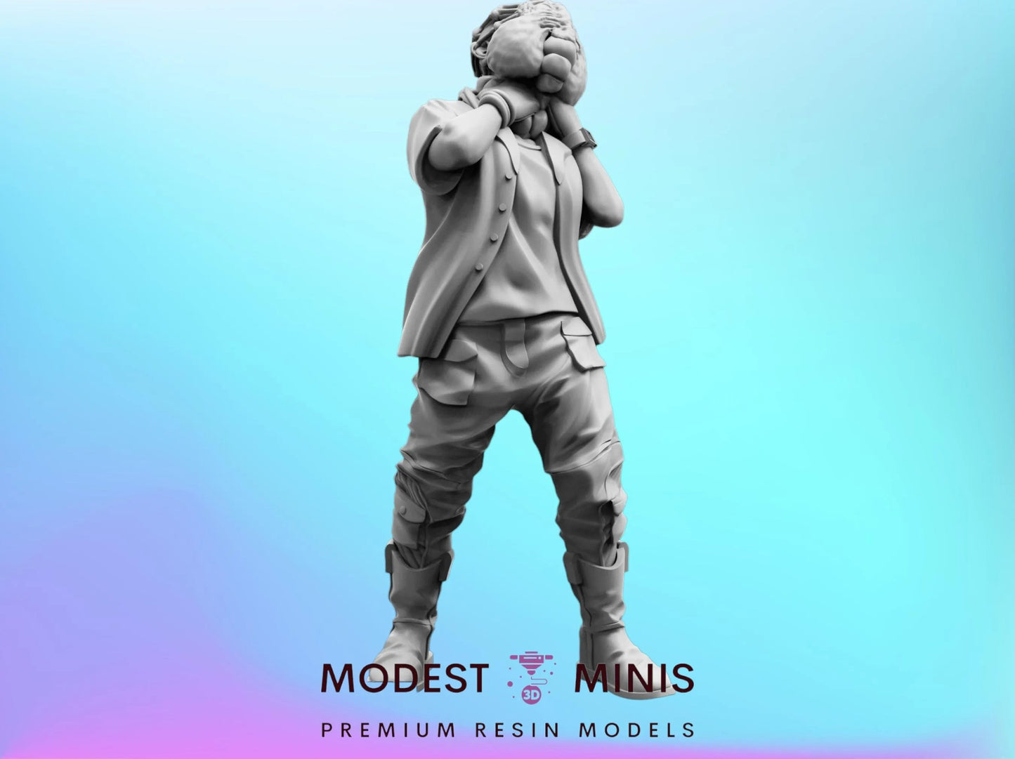 A statue of a person standing with their hands on their face, against a blue background.