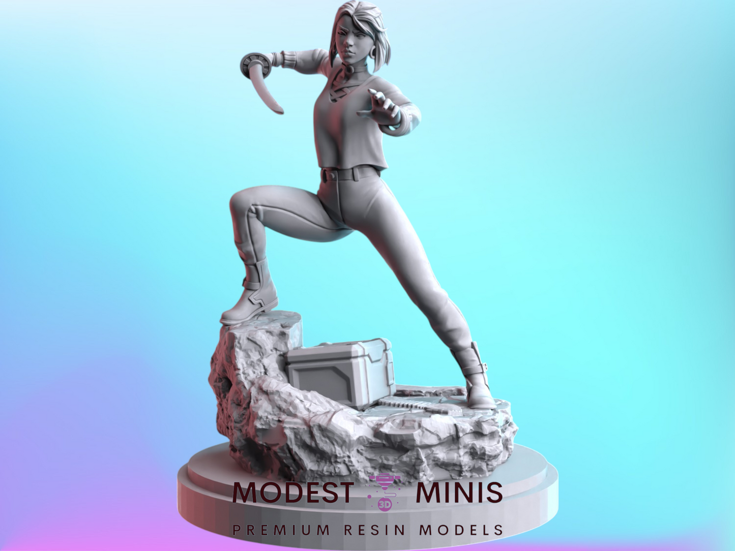 A 3D model of a female character in a fighting stance, with a weapon in her hand, against a blue background.