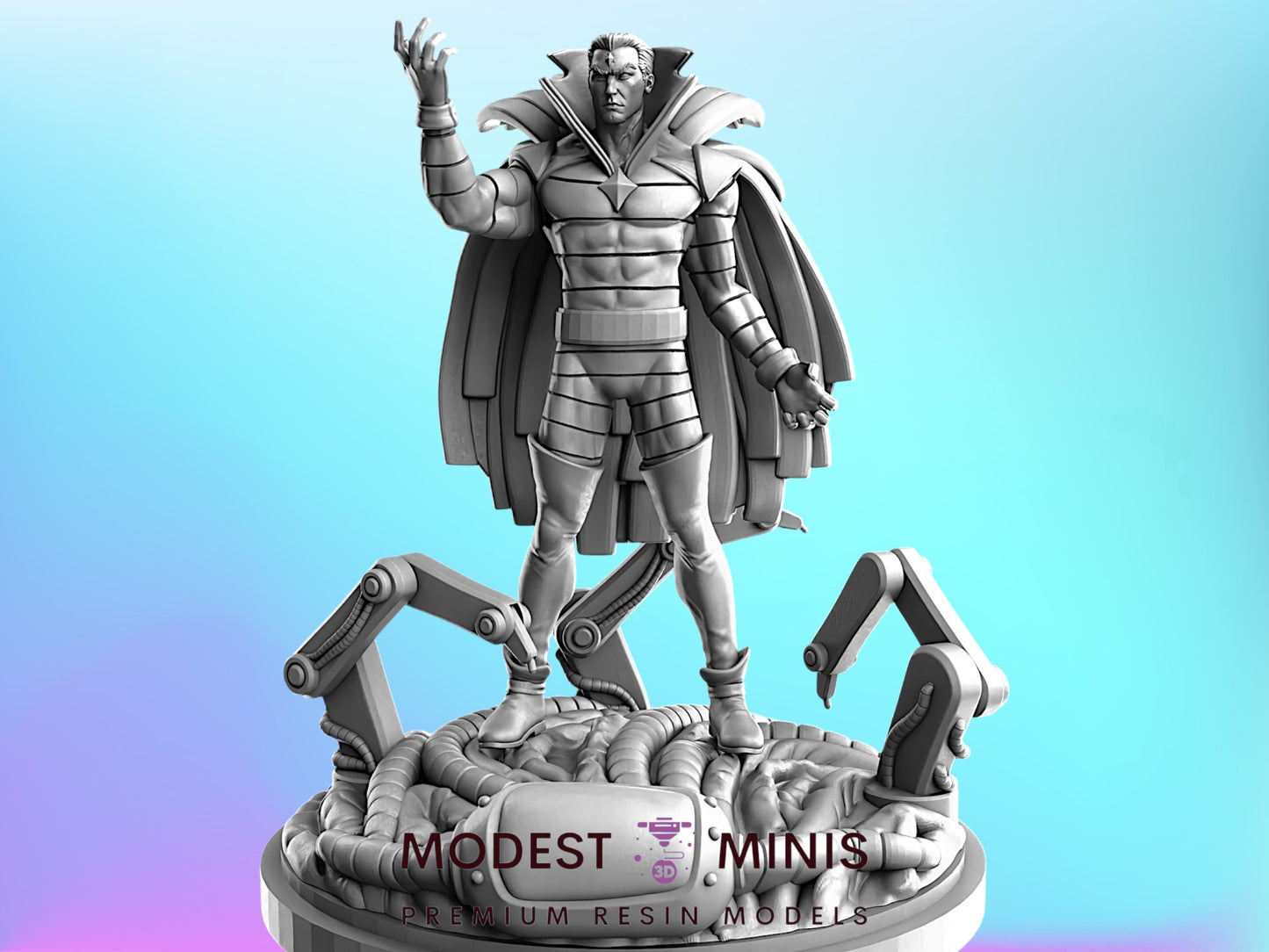 A 3D model of a superhero character standing on a pedestal, with robotic arms and mechanical elements surrounding it.