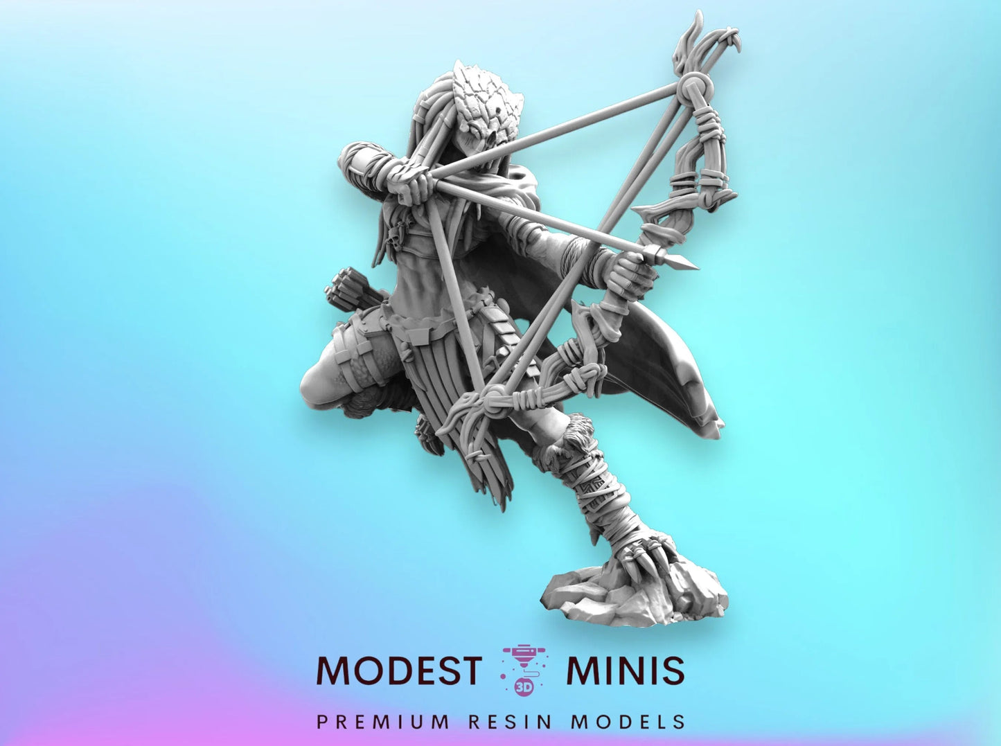 A 3D model of a character holding a bow and arrow, with a detailed and intricate design.