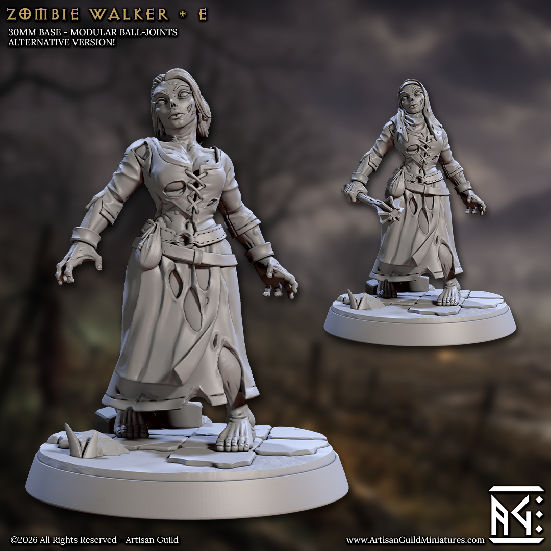 two zombie walker figurines, each standing on a base and wearing a long skirt. The figurines are posed in a dynamic manner, with one figure appearing to be in motion. The background of the image is blurred, drawing focus to the figurines and their details.