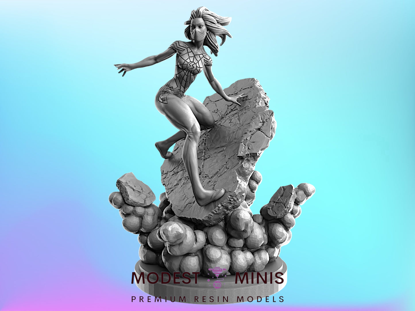 a female character in a dynamic pose, surrounded by a rocky landscape and a cloud of dust, with the text "MODEST & MINIS PREMIUM RESIN MODELS" at the bottom.