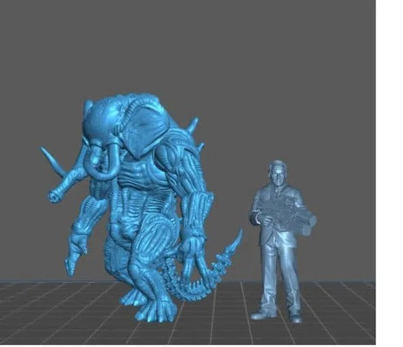 a large, blue alien creature with multiple arms and legs, standing next to a smaller human figure holding a gun.