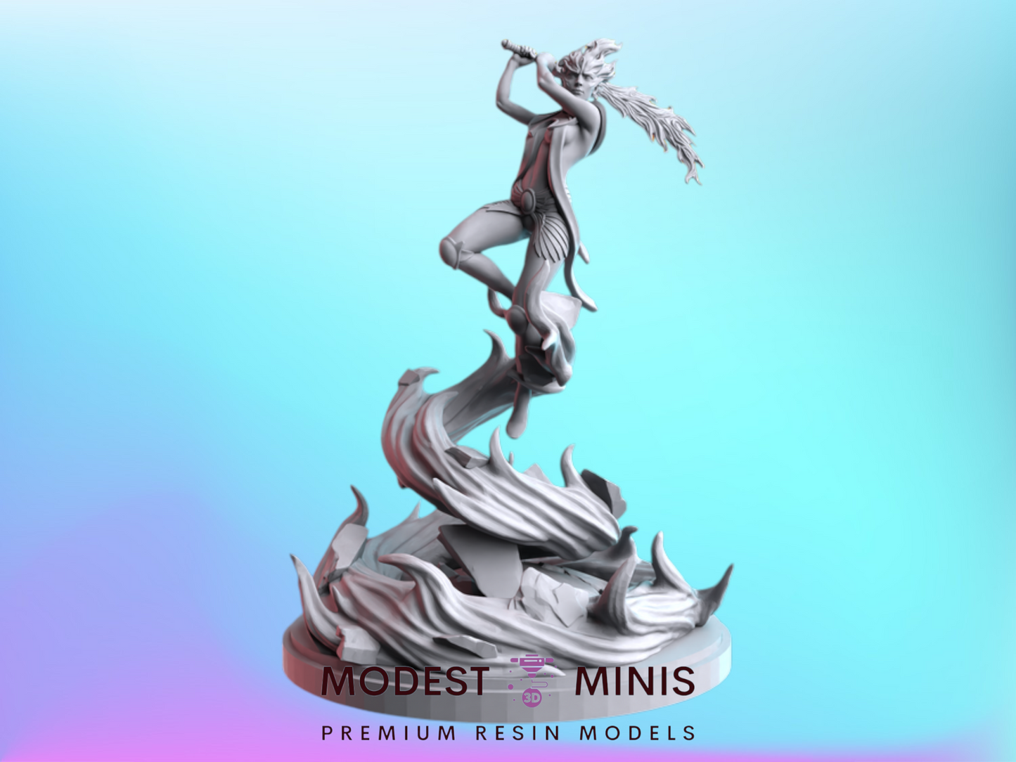 a statue of a woman with a sword, standing on a pedestal with flames beneath her.