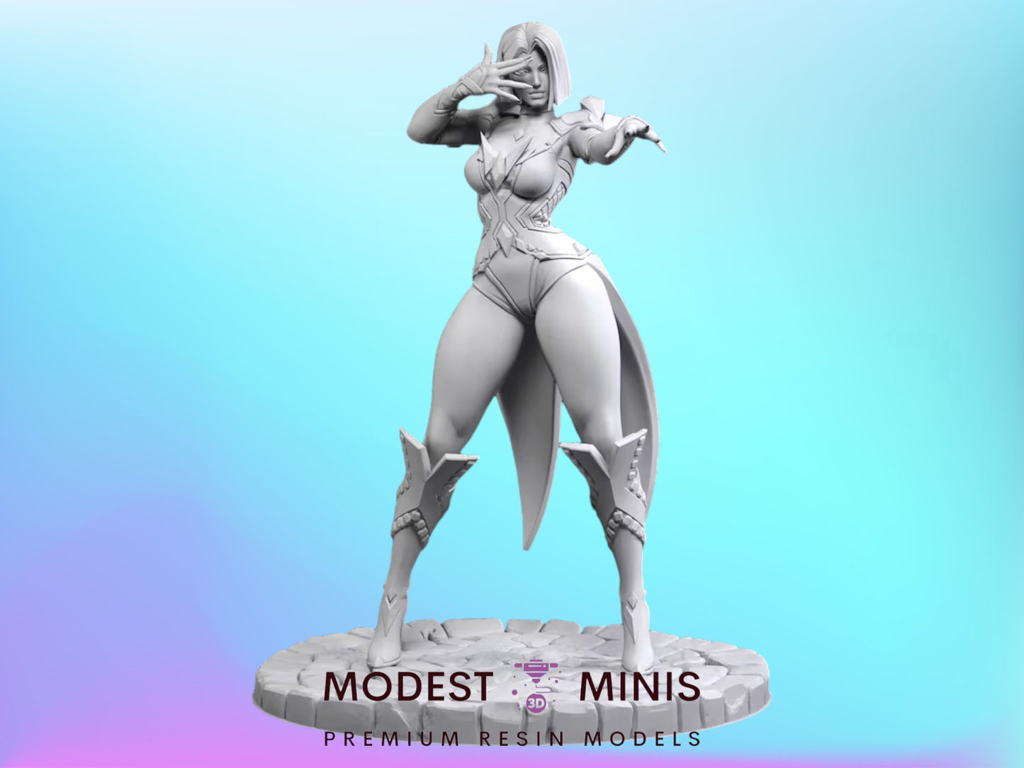 A 3D model of a female character with a fierce expression, wearing a revealing costume and standing on a pedestal.